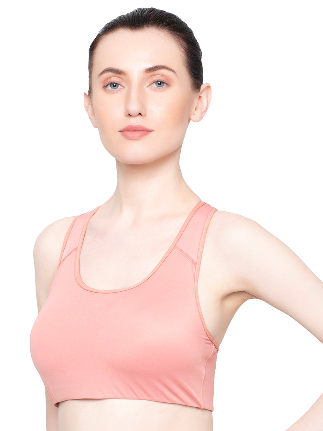 TRIUMPH BRA 110I632-CN Peach-Coloured Triaction Balance Top Lightly Padded Wireless Quick Dry High Bounce Control Sports Bra