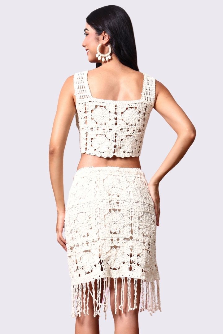 AXTZH Women’s Crochet Beachwear Skirt with Delicate Detailing and Fringe Hem X2526-BEIGE-BW1PSK