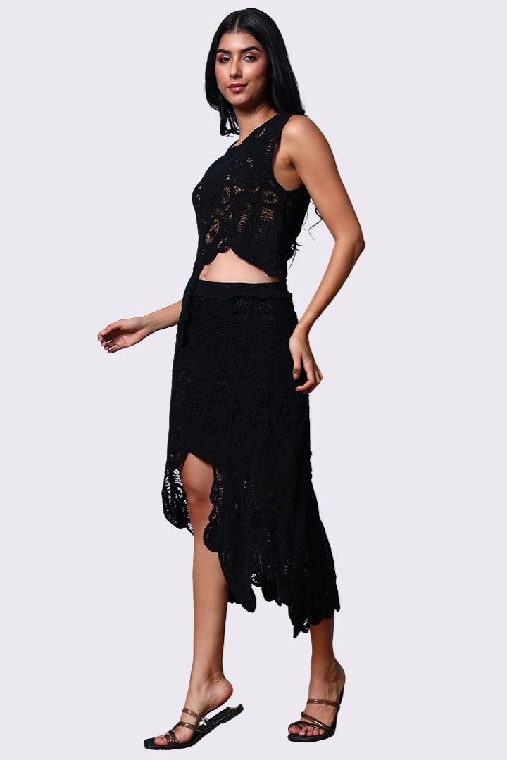 AXTZH Women’s Sexy Crochet High-Low Skirt Beachwear with Elegant Detailing-X3313-BLACK-BW1PSK