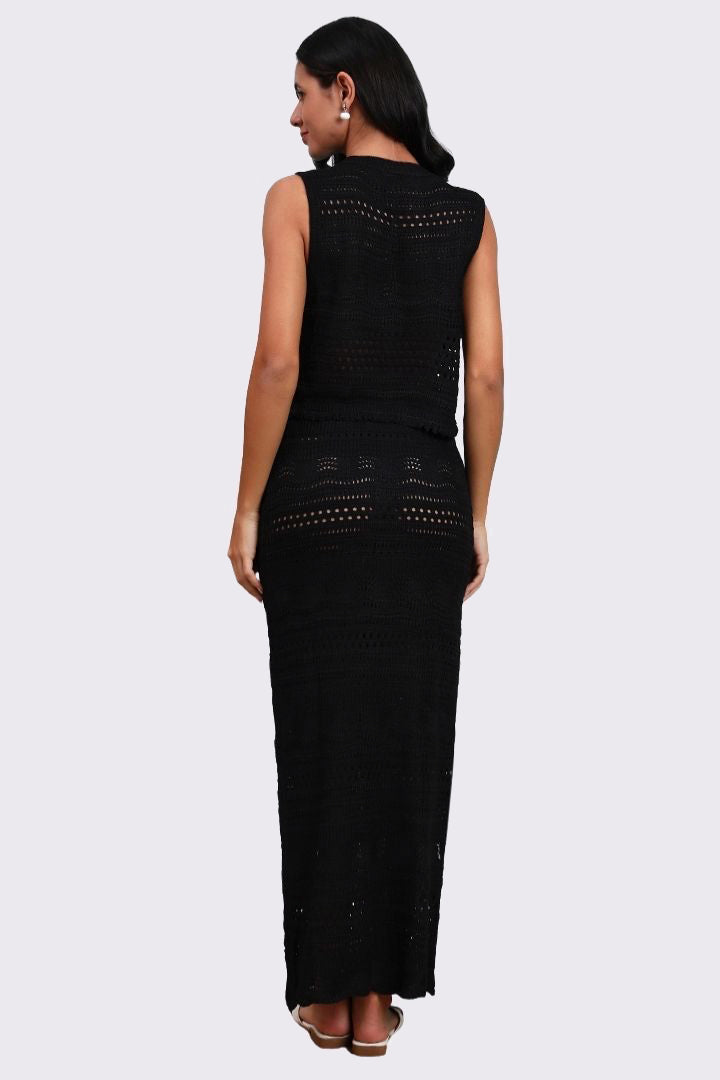AXTZ Women’s 2-Piece Crochet Beachwear Set Featuring Sleeveless Top and Flowing Maxi Skirt-X2435-BLACK-BW2PF
