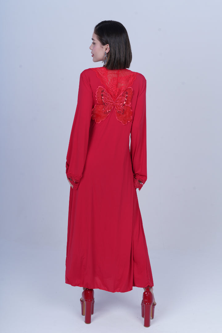 AXTZH Graceful Two-Piece Women’s Nightwear Set with Sheer Sleeves and Embroidered Detailing X3037-CRIMSON-F22M