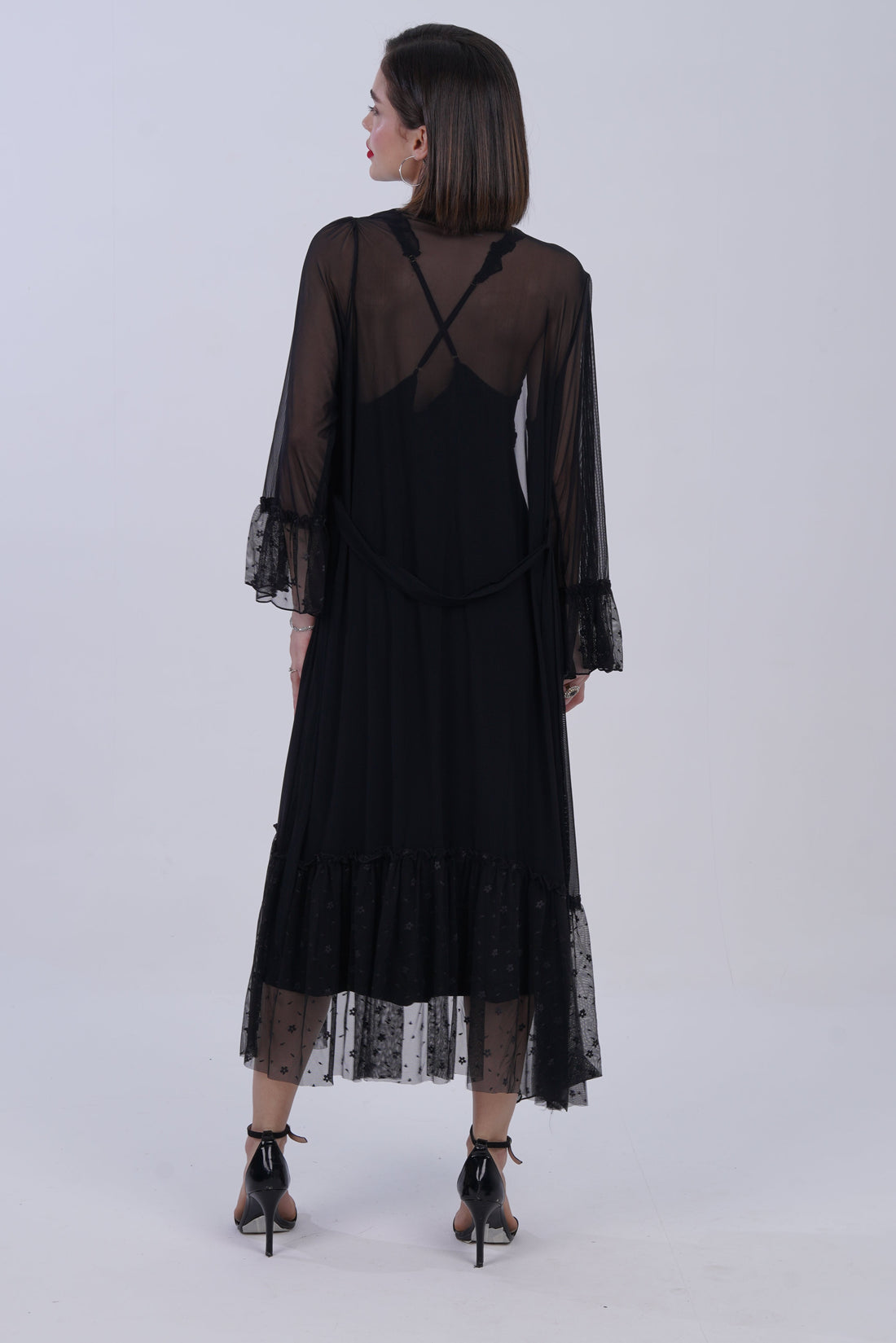 AXTZH Luxurious Women’s Nightwear Ensemble Featuring Long Robe and Inner Slip X0310-BLACK-F22MO