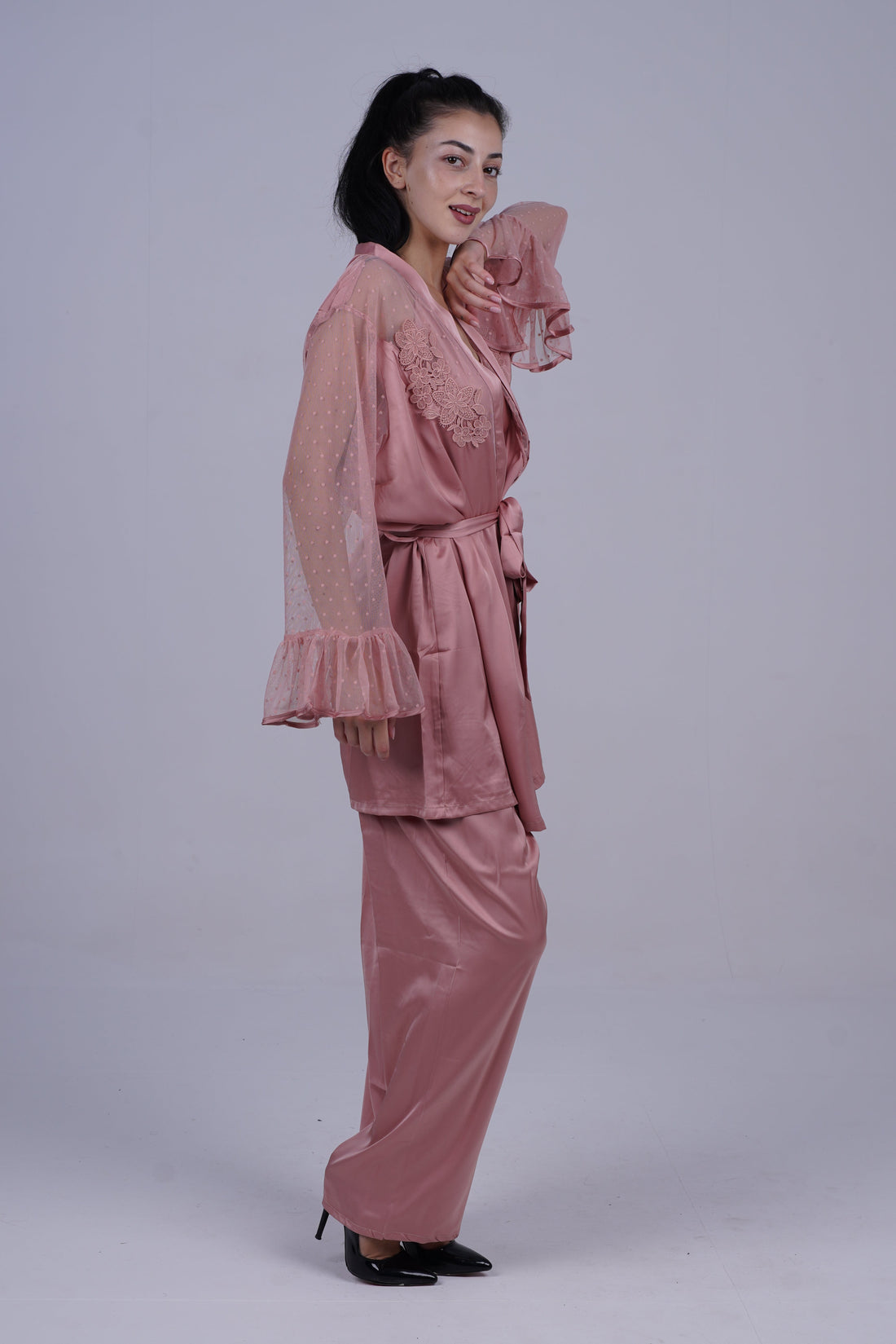 AXTZH Luxurious Women’s Nightwear Set with Lace-Trimmed Robe, Inner Top, and Matching Bottoms X2168-BLUSH-NSL3PS