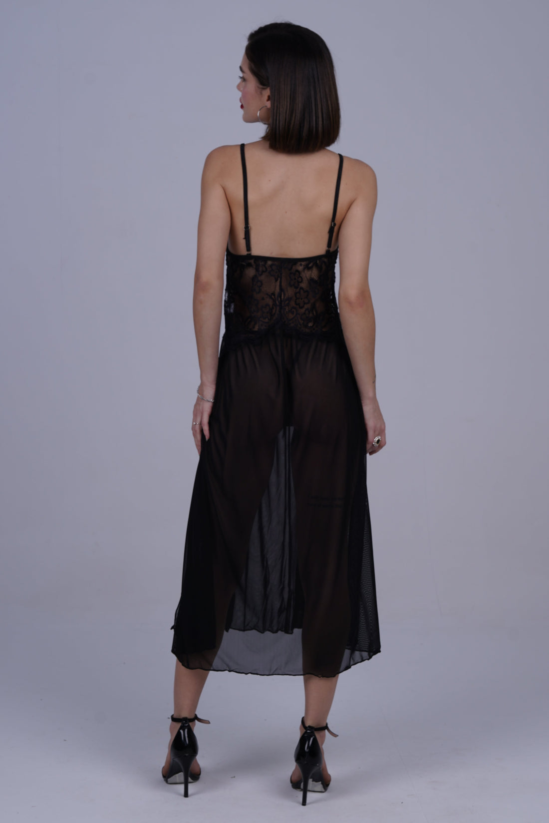 AXTZH Romantic Nightwear Set for Women with High Slit Sheer Design and Lace Accents X9095-BLACK-F2N