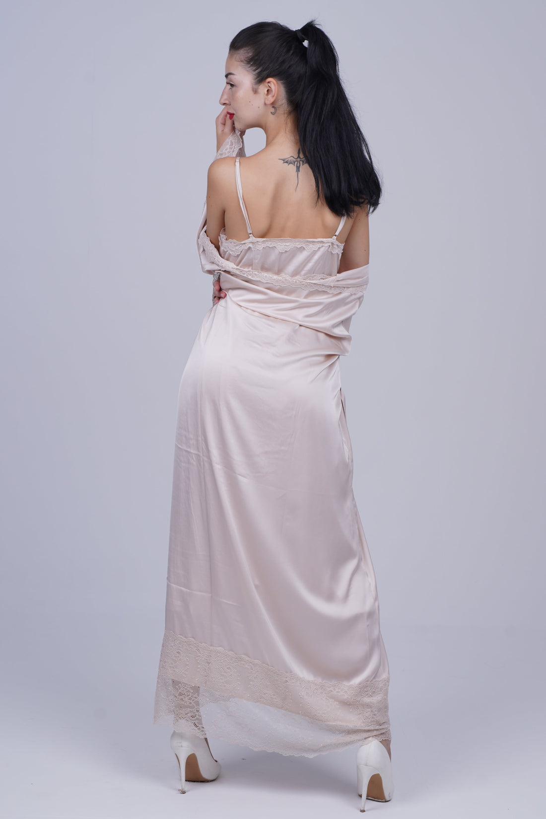 AXTZH Two-piece nightwear set including a long gown and matching robe X8165-PEARL-F12S