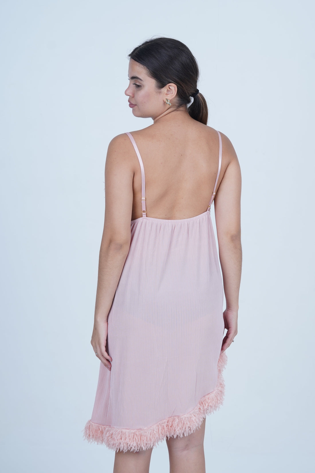 AXTZH One-Piece Sexy Nightwear for Women with Deep Neckline and Delicate Fringe Detailing X2429-BLUSH-F1L