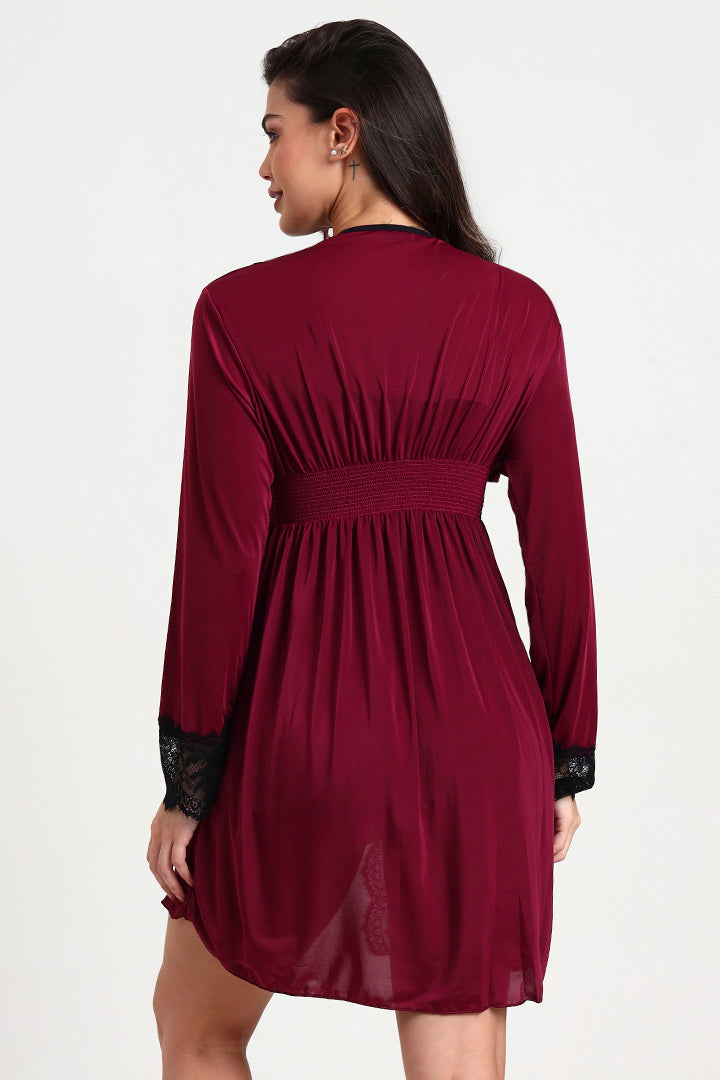 AXTZH Stylish Nightwear Duo with Flowing Outer Robe and Comfortable Inner Slip Dress X3233-WINE-F11M